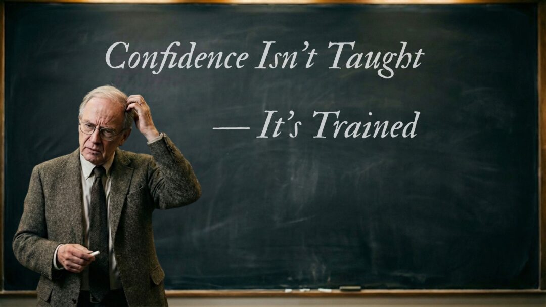 Teacher standing at a chalkboard with the phrase “Confidence Isn’t Taught — It’s Trained,” illustrating the concept of confidence built through structured practice and experience.