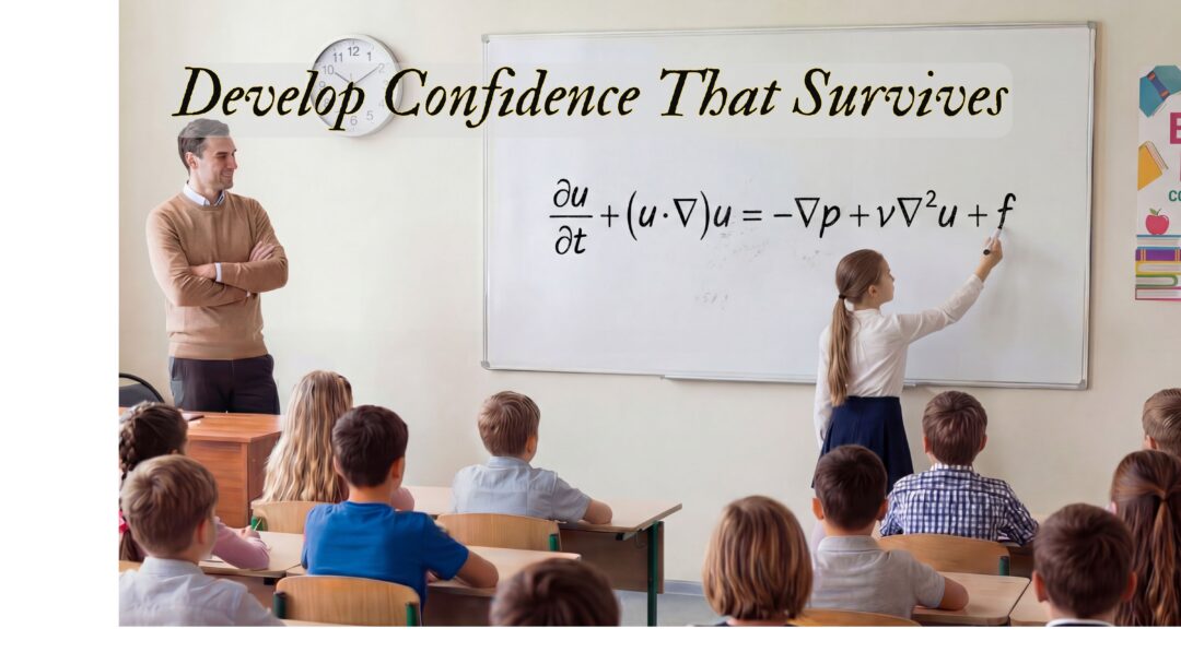 Student solving the Navier–Stokes equation on a classroom whiteboard under the phrase “Develop Confidence That Survives,” representing structured learning and skill development.