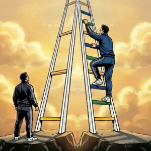 Illustration of a person climbing a ladder one rung at a time, representing belief, confidence, and self-esteem built through achievement and progressive success.