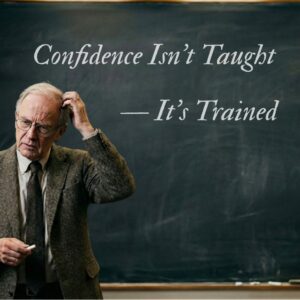 Teacher in front of chalkboard showing that confidence is built through training and repetition, not just instruction 