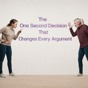 Woman pointing angrily at a man while he raises his hands in frustration, separated by the article title "The One Second Decision That Changes Every Argument." The image introduces the idea that a single mental shift can transform conflict.