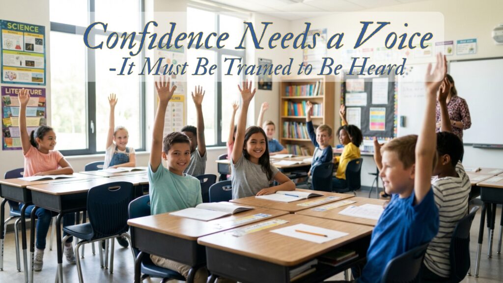 Students raising hands in classroom, showing confidence built through structured learning and participation