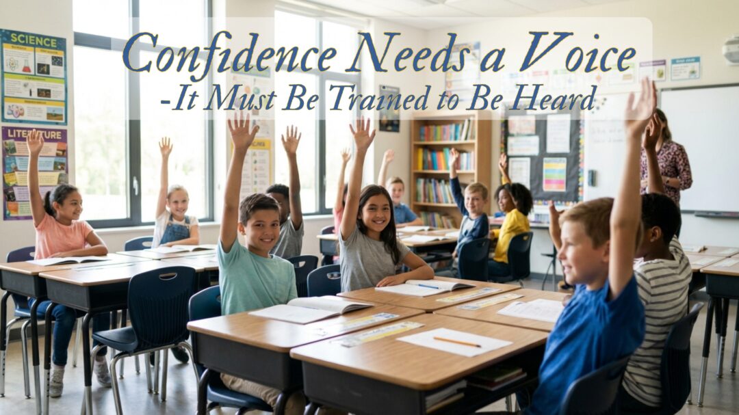 Students raising hands in classroom, showing confidence built through structured learning and participation