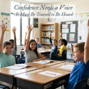 Students raising hands in classroom, showing confidence built through structured learning and participation