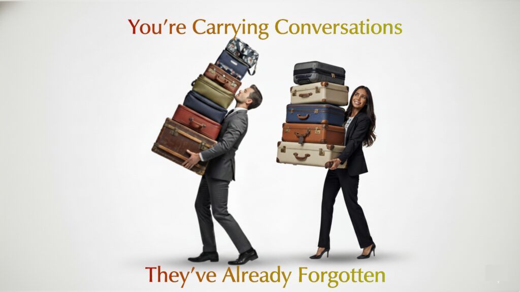Two business professionals carrying stacks of heavy luggage symbolizing emotional baggage, unresolved conversations, grudges, and mental weight after conflict.