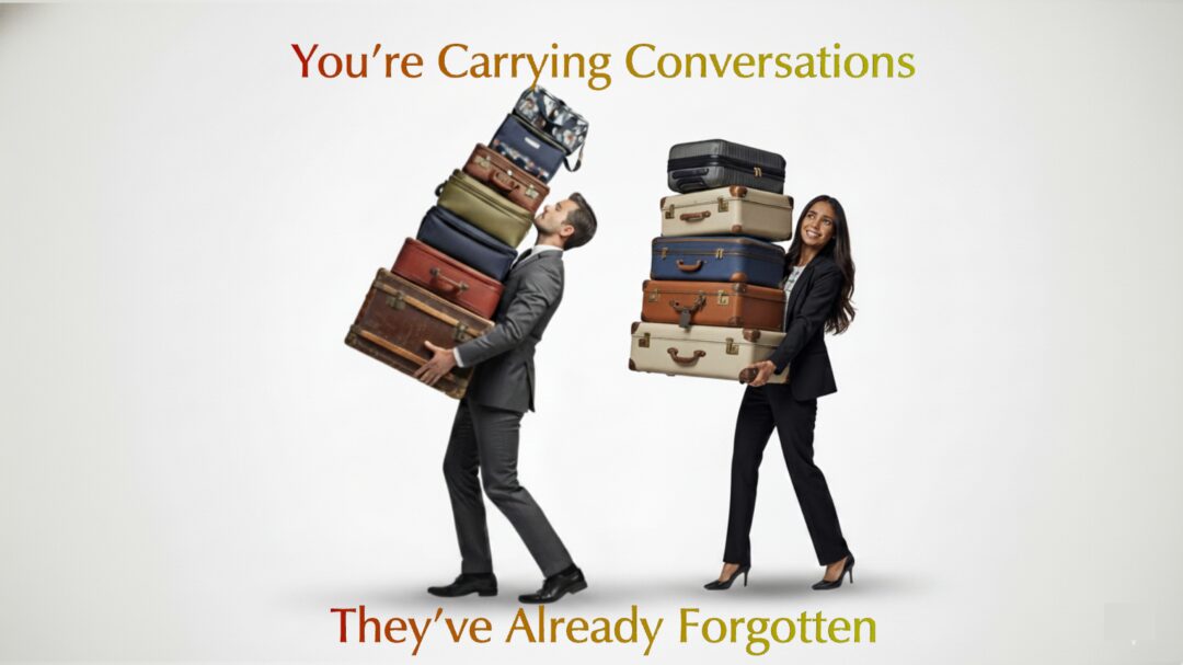 Two business professionals carrying stacks of heavy luggage symbolizing emotional baggage, unresolved conversations, grudges, and mental weight after conflict.