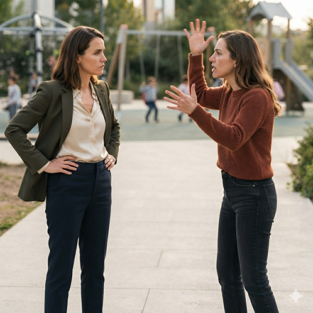 Woman listening during a difficult conversation at a playground while another adult gestures.