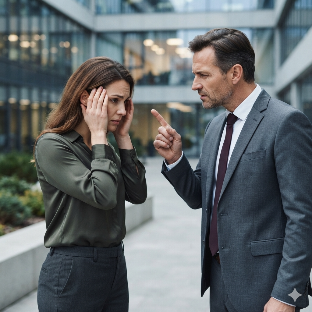 Woman experiencing emotional pressure during a tense workplace conversation as a man lectures her outside an office building.