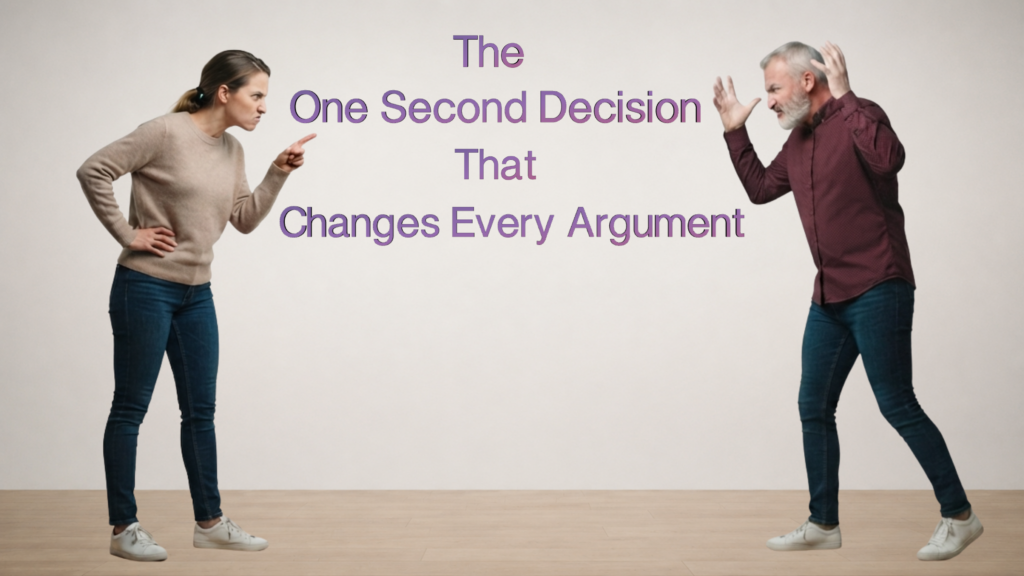 Woman pointing angrily at a man while he raises his hands in frustration, separated by the article title "The One Second Decision That Changes Every Argument." The image introduces the idea that a single mental shift can transform conflict.