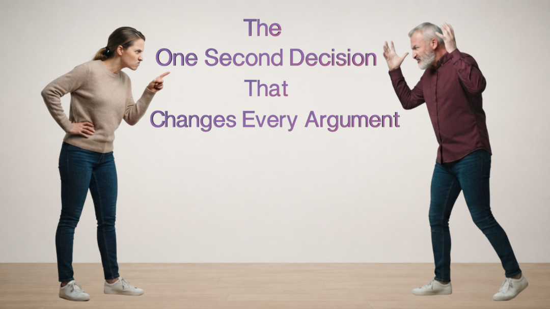 Woman pointing angrily at a man while he raises his hands in frustration, separated by the article title "The One Second Decision That Changes Every Argument." The image introduces the idea that a single mental shift can transform conflict.