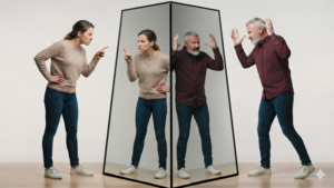 A woman and a man appear to argue across a two-sided mirror, but each mirror reflects only the person standing before it. The image symbolizes that during conflict we often react to our own thoughts and emotions rather than truly seeing the other person.