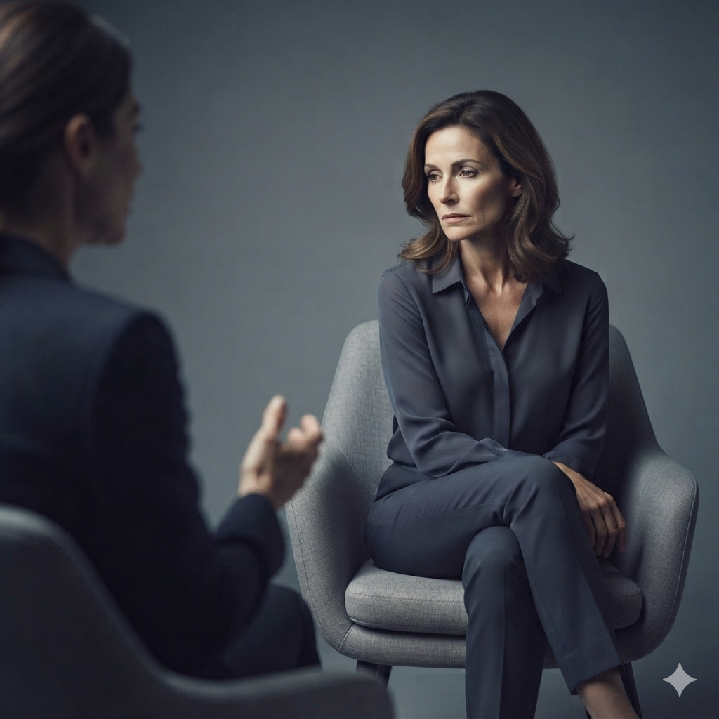 A woman quietly listens during a difficult conversation, choosing silence instead of sharing her thoughts, representing someone who avoids difficult conversations.