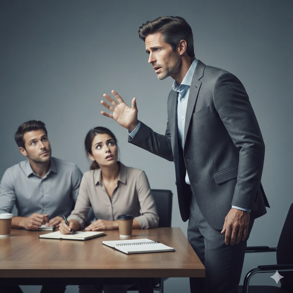 A businessman passionately speaks during a meeting while two coworkers watch, illustrating someone who reacts emotionally when something feels unfair.