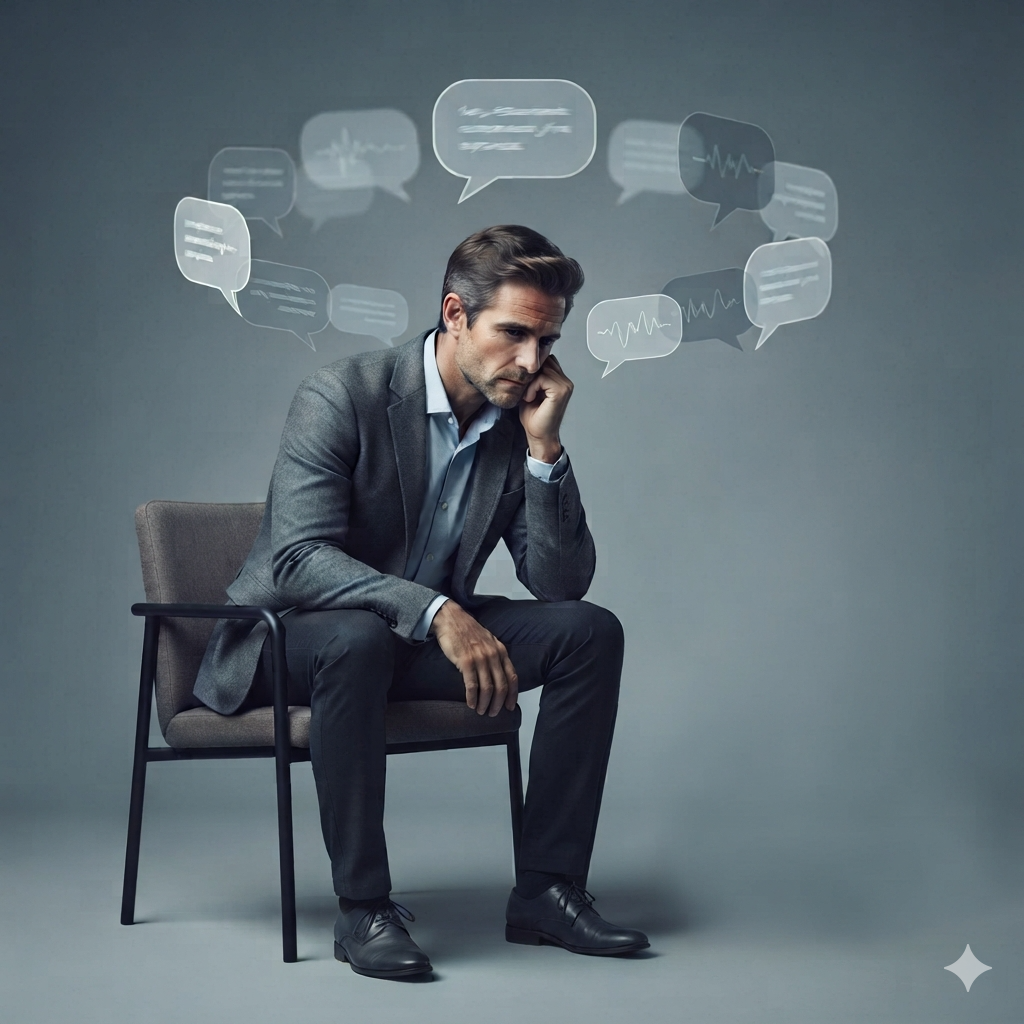 A thoughtful businessman sits alone replaying past conversations as speech bubbles surround him, symbolizing overthinking conversations and searching for meaning long after they end.