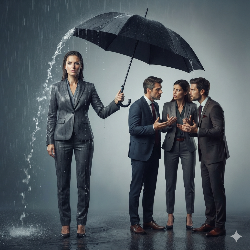 A woman stands in the rain holding an umbrella over coworkers arguing, symbolizing keeping the peace while carrying everyone else's emotional burden.
