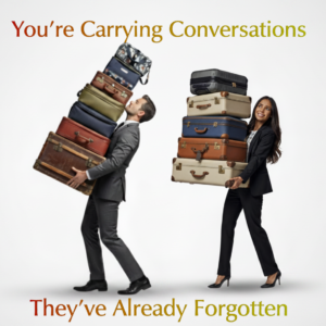 Two business professionals carrying stacks of heavy luggage symbolizing emotional baggage, unresolved conversations, grudges, and mental weight after conflict.