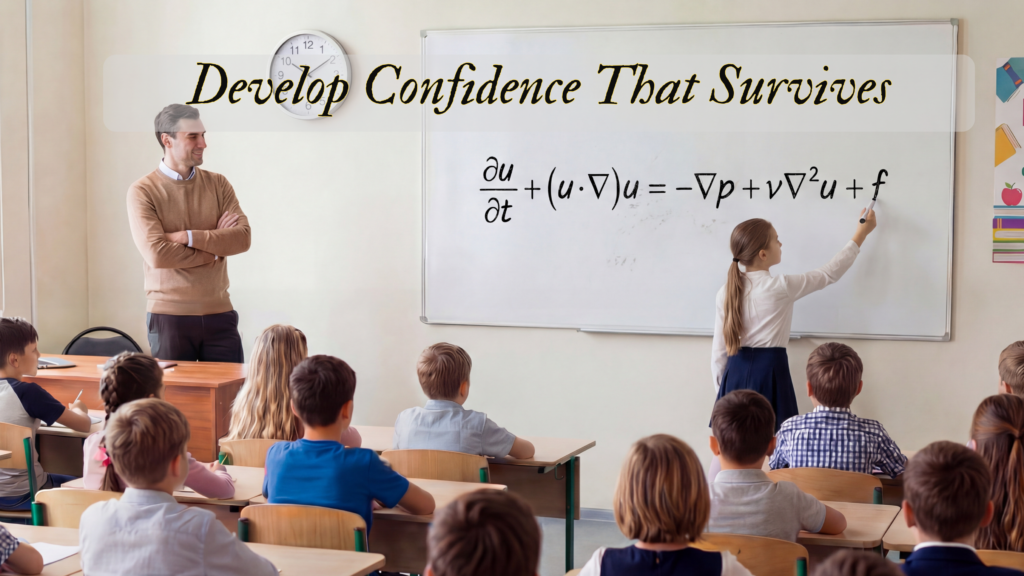 Student solving problem at board in classroom, representing confidence built through structured learning and active participation